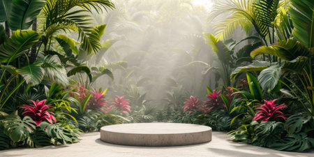 A Podium Pedestal Showcases Natural Products Amidst A Lush Tropical Garden, Copy Space. Concept Luxury Retreat In The Maldives, Beachfront Bungalows, Fine Dining Experiences, Sunset Cruises.の素材