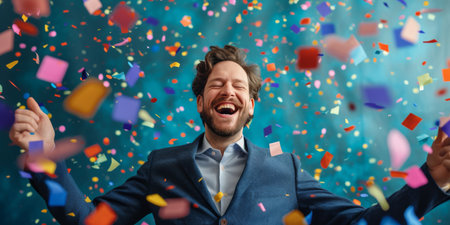 Celebratory Businessman Exudes Pure Joy As Confetti Rains Down On Him, Copy Space. Ð¡oncept Confetti Celebration, Joyful Businessman, Exuding Pure Joy, Copy Space.の素材