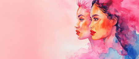 Vibrant Watercolor Portraits Of Women Against Pink Backdrop With Horizontal Copy Space. Ð¡oncept Abstract Acrylic Paintings, Moody Landscape Photography, Urban Street Art, Still Life With Flowers.の素材