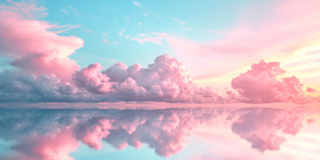 Dreamy Pink Sky With Enchanting Pastel Clouds, Perfect For Copy Space. Concept Sunset Over The Ocean, Majestic Mountains, Autumn Foliage, Urban Architecture, Dramatic Weather.の素材