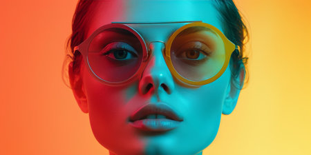 Colorful Sunglasseswearing Girl Embraces Beachy Vibes In A Pop Art Collage, Copy Space. Ð¡oncept Beachy Vibes, Colorful Sunglasses, Pop Art Collage, Girl In Summer, Copy Space.の素材