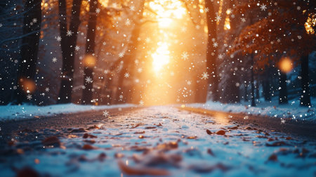 Winter Wonderland: A Festive Cinematic Scene With Falling Snowflakes And Christmas Vibes, Perfect For Capturing Memories.の素材