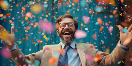 Euphoric Businessman Celebrates Amidst Vibrant Confetti Showers, Ample Room For Text. Ð¡oncept Summer Beach Party, Water Balloon Fight, Festive Bbq, Family Reunion, Adventure Hiking Trip.の素材