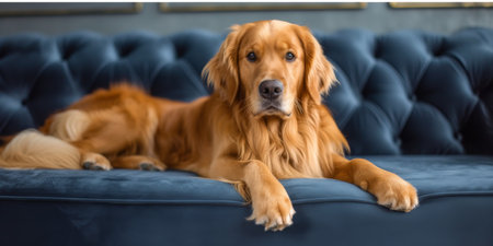 Content Golden Retriever Rests On A Plush Sofa In A Stylish Lounge, Copy Space. Ð¡oncept Golden Retriever, Plush Sofa, Stylish Lounge, Rest, Copy Space.の素材