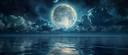 Full Moon Illuminating Serene Waters Under The Mesmerizing Night Sky. Concept Stargazing, Moonlit Reflections, Tranquil Nature, Nighttime Beauty, Celestial Serenity.の素材