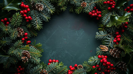 Holiday Wreath Bursting With Spruce Branches, Holly Berries, And Ample Space For Text. Ð¡oncept Winter Wonderland Wedding, Romantic Snowy Scenes, Cozy Fireside Moments, Festive Holiday Decor.の素材