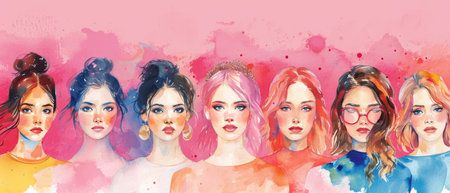 Colorful Watercolor Portraits Of Women With Horizontal Copy Space On Pink Backdrop. Ð¡oncept Nature-Inspired Still Life Photography, Candid Wedding Moments, Abstract Architecture Shots.の素材