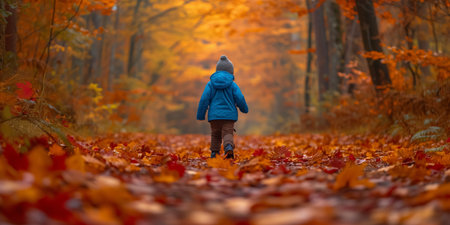 Vibrant Fall Scene: Child Playing Among Colorful Leaves In The Woods, With Copy Space. Concept Autumn Hiking Adventure, Serene Forest Stroll, Nature's Kaleidoscope, Golden Foliage Bliss.の素材