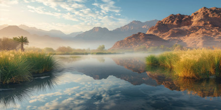 Captivating Sunrise Scene: Misty Desert Oasis With Majestic Mountain Backdrop. Concept Rustic Fall Foliage, Enchanting Forest Path, Serene Beach Sunset, Vibrant Urban Street Art.の素材