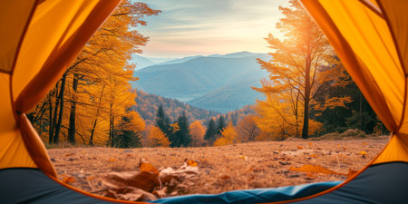Capturing The Breathtaking Autumn Mountain View From Inside A Camping Tent With Ample Space For Text. Concept Autumn Camping, Mountain View, Tent Photography, Text Space.の素材