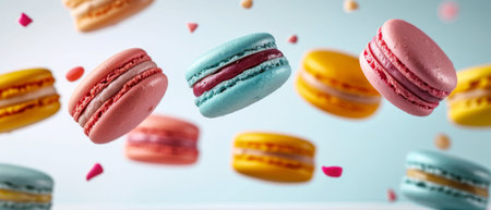 Floating Macarons In Vibrant Colors On Clean Background, Depicting Sweet Cake Concept. Ð¡oncept Vintage-Inspired Tea Party, Whimsical Garden Setting, Floral Crown Portraits, Natural Light Portraiture.の素材
