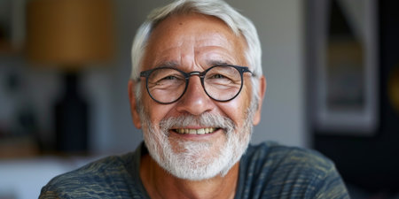 Happily Aging Senior Man With Gray Hair Smiles In Closeup Portrait, Copy Space. Concept Happy Grandparents, Portrait Of Wisdom, Aging With Grace, Wise And Wonderful, Smiling Silver Fox.の素材