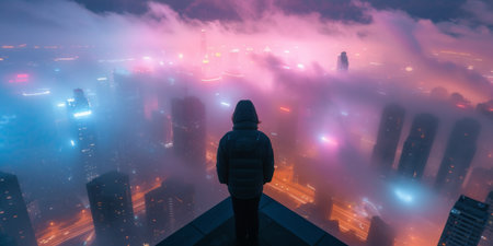Individual Observing Technologically Advanced Neon Cityscape From Highrise Building On Foggy Evening, Copy Space. Concept Foggy Evening Cityscape, Technologically Advanced City, Highrise Building.の素材