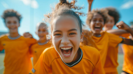 Enthusiastic Young Athletes Relishing Victory Through Teamwork, Camaraderie, And Jubilation In Soccer, Copy Space. Ð¡oncept Young Athletes, Victory, Teamwork, Camaraderie, Soccer.の素材
