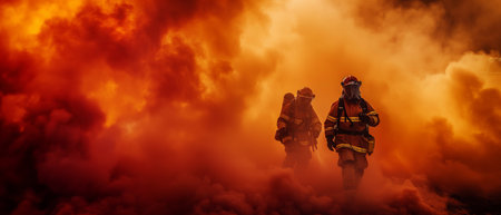 Fearless Firefighters Confront Raging Inferno With Determination, Ample Space For Text. Concept Magnificent Mountain Peaks, Serene Waterfalls, Vibrant Sunsets, Untamed Wilderness, Majestic Wildlife.の素材