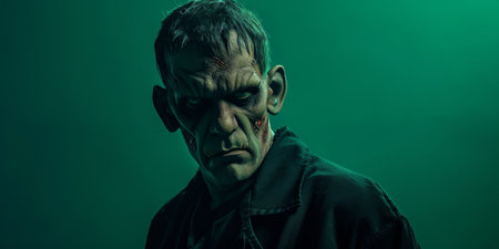 Man Dressed As Frankenstein For Halloween On Green Banner With Copy Space, Copy Space. Ð¡oncept Halloween Frankenstein Costume, Green Banner With Copy Space, Halloween-Themed Photoshoot.の素材