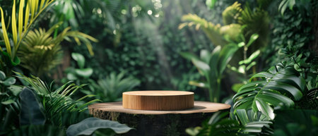 Product Showcase On Rustic Podium Amidst Lush Tropical Foliage. Concept Candlelit Dinner By The Beach, Adventure Travel Photography, Autumn Foliage Hiking, Floral Still Life Photography.の素材