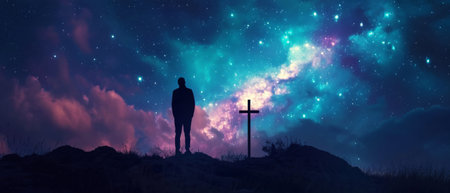 Silhouetted Figure Embraces Spiritual Connection Under A Celestial Sky With Christian Cross. Ð¡oncept Abstract Sculptures, Nature-Inspired Art, Urban Street Art, Minimalist Photography, Macro Close-Ups.の素材