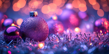 Vibrant Christmas Baubles Sparkle In A Sea Of Purple With Glowing Neon Lights, Copy Space. Concept Winter Wonderland, Festive Decorations, Neon Glow, Sparkling Baubles, Purple Christmas.の素材
