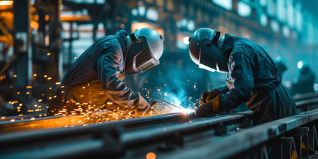 Workers In Helmets And Protective Gear Welding In An Iron And Metal Industry, Copy Space. Concept Welding In Metal Industry, Protective Gear, Copy Space, Iron And Metal Workers, Helmet Safety.の素材