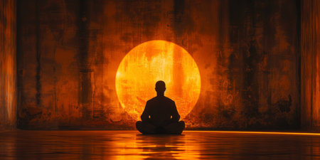 Silhouette Of Man Deep In Prayer, Seeking Solace Amidst A Somber Backdrop, Copy Space. Concept Serene Reflections, Meditative Moments, Inner Peace, Solitude In Shadows, Graceful Contemplation.の素材