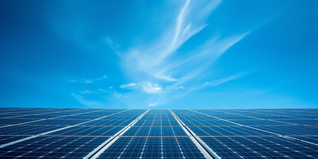 Renewable Energy Solution With Solar Panels Against Scenic Blue Backdrop, Copy Space. Ð¡oncept Fashionable Summer Outfits, Beach Photoshoot, Tropical Vibes, Fun In The Sun, Sunny Poolside Moments.の素材