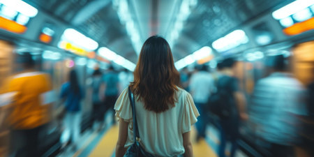 Woman Standing In A Bustling Subway, Surrounded By Blurred Commuters Urban Transportation Concept, Copy Space. Concept Subway Commute, City Life, Urban Transportation, Blurred Background, Copy Space.の素材
