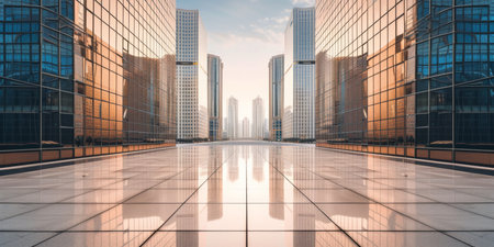 A Simplistic And Colorful Urban Scene: A Modern Take On A Cityscape. Concept Minimalist Architecture, Vibrant Street Art, Chic Street Fashion, City Skylines At Sunset, Graffiti-Filled Alleyways.の素材