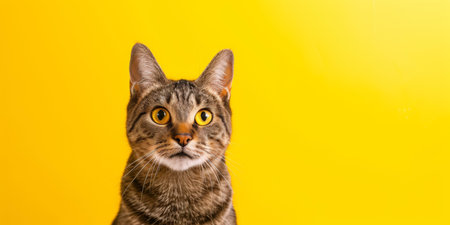 Adorable Cat Banner Against Vibrant Yellow Backdrop Captures Attention Instantly. Concept Pet Photography, Vibrant Backdrops, Attention-Grabbing Banners, Instantly Captivating, Adorable Cats.の素材