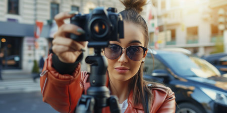 A Young Woman Showcasing Her Trendy Lifestyle As She Films For Social Media. Ð¡oncept Social Media Influencer, Trendy Lifestyle, Filming, Young Woman, Behind-The-Scenes.の素材