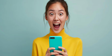 Energetic Asian Woman Utilizing Smartphone For Vibrant Advertising, Demonstrating Enthusiasm With Wide Open Mouth. Ð¡oncept Modern Office Spaces, Creative Teamwork, Productive Work Environment.の素材