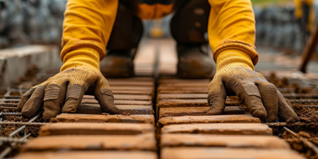 Closeup Of A Diligent Construction Worker Expertly Laying Bricks On Site. Concept Construction Worker, Laying Bricks, Diligence, Expertise.の素材