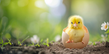 Adorable Yellow Chick Emerges From Its Shell, Symbolizing Easter Joyfulness. Concept Easter Egg Hunt, Spring Blooms, Bunny Ears And Tails, Sweet Treats, Pastel Decorations.の素材