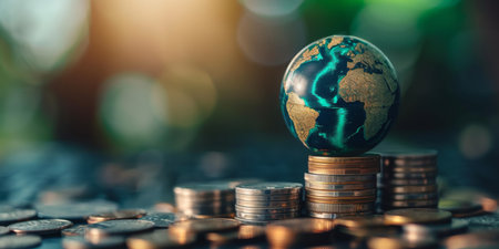 Ecofriendly Globe Atop Silver Coin Stack Symbolizes Sustainable Financial Investments. Concept Green Investing, Sustainable Finance, Eco-Friendly Investments, Responsible Money Management.の素材