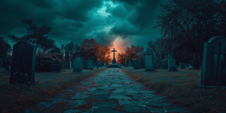 Eerie Graveyard At Night With Dark Sky And Haunting Clouds. Concept Autumn Foliage Charm, Dreamy Sunset Silhouettes, Candid Moments In Nature, Urban Exploration, Majestic Mountainscapes.の素材