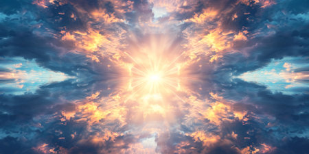 Captivating Sky With Divine Radiance, Evoking A Spiritual Essence. Concept Beach Sunset Magic, Urban Adventures, Serene Nature Walks.の素材