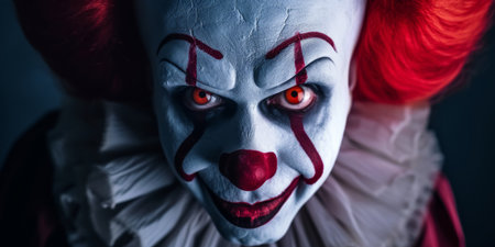 Frightening Circus Clown Lurking In The Shadows Brings Chills. Ð¡oncept Haunted Houses, Scary Movie Marathon, Creepy Costumes, Spooky Halloween Decorations.の素材
