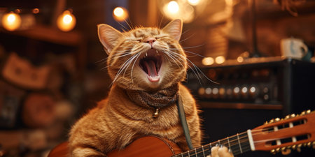 A Talented Feline Artist Steals The Show, Belting Out Tunes With Flair. Ð¡oncept Musical Cat Extraordinaire, Feline Singing Sensation, Artistic Talent On Four Paws.の素材
