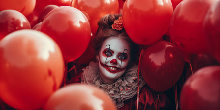 Eccentric Young Woman In Clown Costume Smiles Among Red Balloons In Spooky Setting. Ð¡oncept Spooky Clown Photoshoot, Red Balloon Backdrop, Eccentric Costume, Young Woman Smiling.の素材