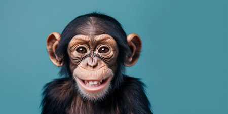 Cheerful Baby Chimpanzee Wearing An Amusing Smile, With Space For Captions. Concept Vibrant Floral Arrangements, Stunning Sunset Silhouettes, Dynamic Action Shots, Serene Beach Landscapes.の素材