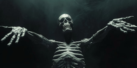 Eerie Figure Of Death Stretches Out Towards The Viewer In Blackness. Ð¡oncept Nightmare, Dark And Haunting, Creepy Atmosphere, Horror Photography, Shrouded Figure.の素材