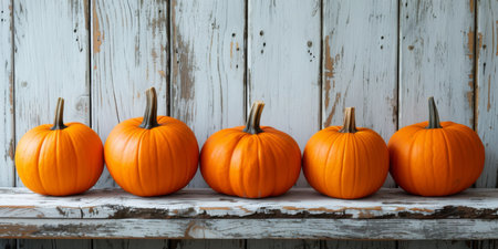 Festive Halloween Pumpkins Arranged On Rustic White Planks, Delightful Seasonal Decor. Concept Fashionable Fall Outfits, Cozy Sweater Weather, Stunning Sunset Views, Candid Family Moments.の素材