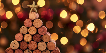 Festive Christmas Tree Composed Of Wine Corks Adorned With A Shining Star. Concept Christmas Tree Crafts, Wine Cork Creations, Holiday Decor Ideas, Upcycled Christmas Trees, Diy Cork Christmas Tree.の素材