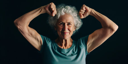 Elderly Woman Proudly Flexes Her Strong Arms, Exuding Confidence And Fitness. Concept Elderly Fitness, Strong Arms, Confidence In Aging, Fitness At Any Age.の素材