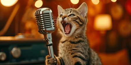 Feline Musician Belting Out Tunes With A Retro Mic At Vibrant Bash. Ð¡oncept Musical Cat, Retro Mic, Vibrant Bash, Feline Musician.の素材