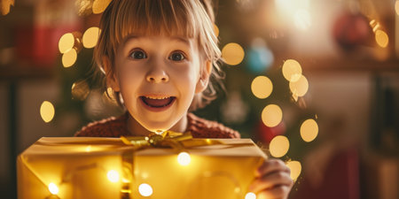 Excited Child's Delightful Christmas Surprise Unwrapping Reveals Astonished Expression. Concept Family Bonding Time, Nature Walks, Diy Crafts, Creative Cooking, Fitness At Home.の素材
