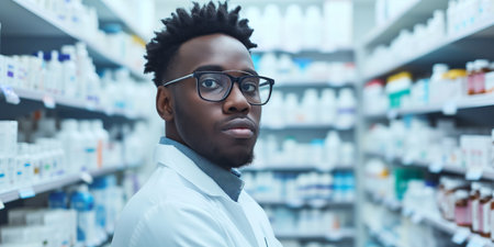 Pharmacist Of African American Descent Working Diligently In A Bustling Pharmacy. Concept Rainbow-Hued Festivals, Calm Ocean Retreat, Adventurous Mountain Hikes, Whimsical Garden Escapes.の素材