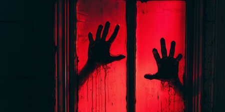 Mysterious Zombie Hands Haunt Window, Surrounded By Eerie Red Glow. Concept Dark Forest Exploration, Abandoned Mansion Tour, Ghostly Encounters, Haunted Graveyard Night, Spooky Halloween Costumes.の素材
