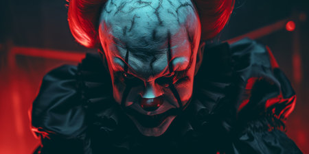 Sinister Clown In A Haunted Carnival Evoking Terror And Malevolence. Ð¡oncept Dark And Eerie Carnival, Sinister Clown, Haunted Atmosphere, Terror And Malevolence, Creepy Photoshoot.の素材