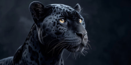 Sleek Black Jaguar Poses Majestically Against A Dark, Captivating Backdrop. Concept Wildlife Photography, Majestic Big Cats, Dramatic Backdrops, Captivating Portraits, Nature's Majesties.の素材
